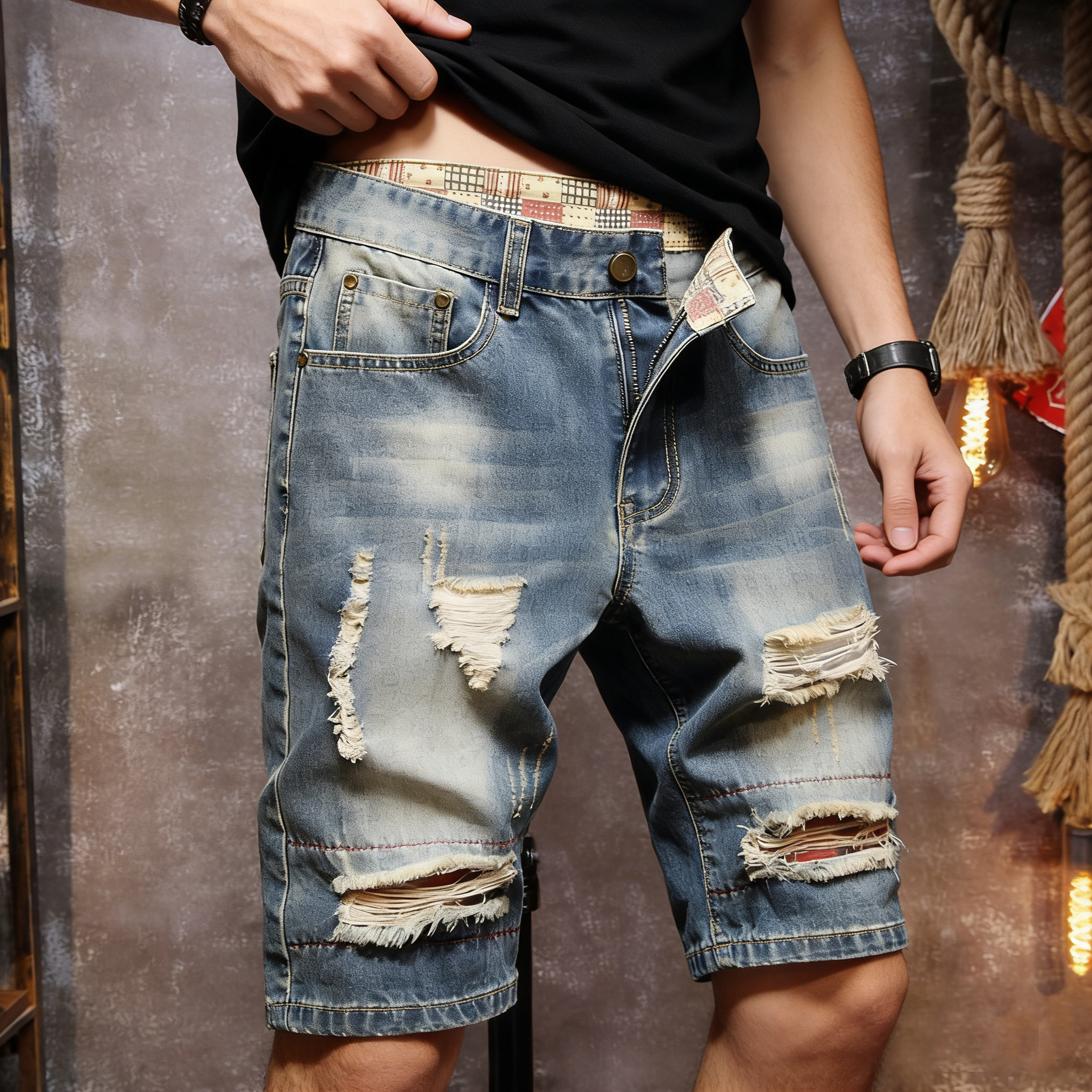 Street Fashion England - Men's new vintage-style distressed denim shorts,